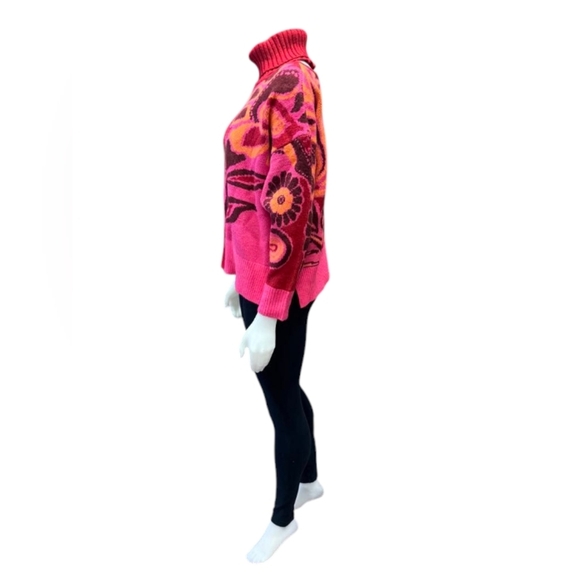 Farm Rio Cutout Intarsia Knit EUC Floral Turtle Neck Pink/Orange/Red Size XS - Picture 4 of 12